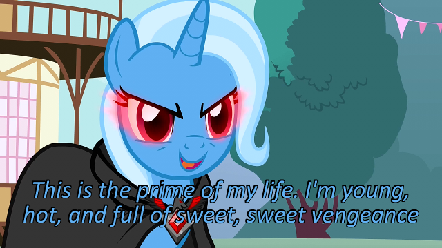 Size: 640x360 | Tagged: alicorn amulet, caption, cards against humanity, derpibooru import, edit, edited screencap, glowing eyes, image macro, magic duel, meme, safe, screencap, smiling, text, trixie, trixie yells at everything