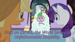 Size: 640x360 | Tagged: safe, derpibooru import, edit, edited screencap, screencap, applejack, rarity, spike, dragon, earth pony, pony, unicorn, spike at your service, broom, bubble, caption, cards against humanity, female, image macro, male, mare, text