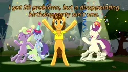 Size: 640x360 | Tagged: safe, derpibooru import, edit, edited screencap, screencap, bitta blues, cheese sandwich, nook, earth pony, pony, unicorn, pinkie pride, caption, cards against humanity, confetti, dancing, hat, image macro, party hat, propeller, propeller hat, rain e. daze, rainbow melodies, spotlight, text