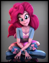 Size: 3600x4600 | Tagged: safe, artist:imafutureguitarhero, derpibooru import, pinkie pie, human, equestria girls, 3d, absurd resolution, boots, border, bracelet, chromatic aberration, clothes, crossed arms, crossed legs, female, grin, head tilt, jewelry, looking at you, raised eyebrow, reflection, shoes, signature, sitting on floor, skirt, smiling, solo, source filmmaker
