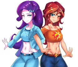Size: 800x692 | Tagged: safe, artist:tzc, derpibooru import, rarity, sunset shimmer, human, equestria girls, equestria girls series, anime, bare shoulders, barrette, belly button, belly shirt, belt, blushing, clothes, cutie mark, cutie mark on clothes, denim, duo, female, hairclip, hairpin, human coloration, humanized, jacket, jeans, midriff, off shoulder, one eye closed, pants, peace sign, short shirt, simple background, smiling, wink