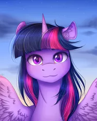 Size: 1728x2160 | Tagged: safe, artist:ashleyjaneworld, artist:neira, derpibooru import, twilight sparkle, twilight sparkle (alicorn), alicorn, pony, :3, beautiful, bust, cloud, cute, ear fluff, female, looking at you, mare, portrait, sky, solo, spread wings, twiabetes, wings