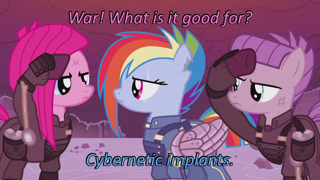 Size: 640x360 | Tagged: alternate hairstyle, alternate timeline, alternate universe, amputee, apinkalypse pie, apocalypse dash, apocalypse maud, artificial wings, augmented, caption, cards against humanity, clothes, crystal war timeline, derpibooru import, edit, edited screencap, image macro, maud pie, pinkamena diane pie, pinkie pie, prosthetic limb, prosthetics, prosthetic wing, rainbow dash, safe, salute, scar, screencap, text, the cutie re-mark, torn ear, trio, wings