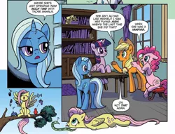 Size: 1054x804 | Tagged: safe, artist:pencils, derpibooru import, idw, applejack, fluttershy, pinkie pie, trixie, twilight sparkle, alicorn, bird, earth pony, pegasus, pony, snake, unicorn, spoiler:comic, spoiler:comic73, :p, animal, behaving like a bird, behaving like a snake, cropped, cute, female, tongue out