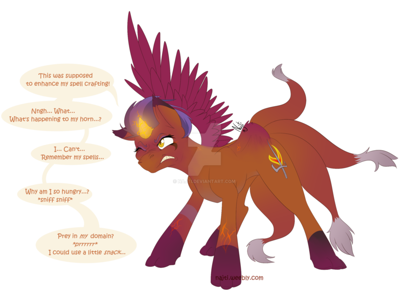 Size: 1920x1403 | Tagged: safe, artist:najti, derpibooru import, oc, oc:courage fire, pony, sphinx, angry, colored, commission, flat colors, fullbody, magic, magic overload, obtrusive watermark, one eye closed, speech bubble, tail, transformation, transforming, watermark, wings