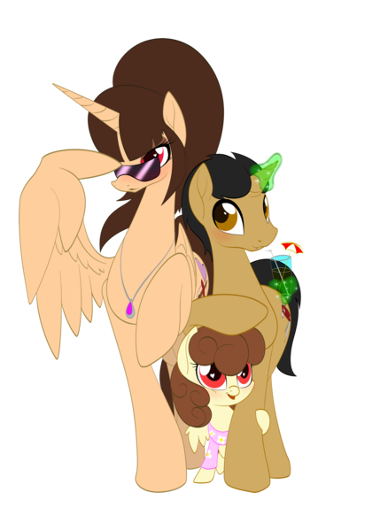 Size: 1786x2500 | Tagged: safe, artist:miniferu, derpibooru import, oc, oc:handy hoofs, oc:shiny smiley, oc:spring beauty, unofficial characters only, alicorn, pony, unicorn, 2019 community collab, derpibooru community collaboration, family, female, filly, glasses, married, offspring, parent:oc:handy hoofs, parent:oc:spring beauty, parents:oc x oc, parents:springhoofs, simple background, springhoofs, straw, transparent background, umbrella drink, wingding eyes