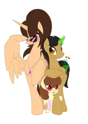 Size: 1786x2500 | Tagged: safe, artist:miniferu, derpibooru import, oc, oc:handy hoofs, oc:shiny smiley, oc:spring beauty, unofficial characters only, alicorn, pony, unicorn, 2019 community collab, derpibooru community collaboration, family, female, filly, glasses, married, offspring, parent:oc:handy hoofs, parent:oc:spring beauty, parents:oc x oc, parents:springhoofs, simple background, springhoofs, straw, transparent background, umbrella drink, wingding eyes