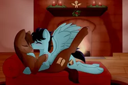 Size: 1024x683 | Tagged: safe, artist:dreamy, artist:littledreamycat, derpibooru import, oc, oc:endless map, oc:star streak, earth pony, pegasus, pony, ambience, christmas, cuddling, fireplace, fullshade, gay, holiday, male, romantic, stallion, winter