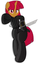 Size: 4247x6968 | Tagged: safe, alternate version, artist:digiqrow, deleted from derpibooru, derpibooru import, oc, oc:tsangefis, unofficial characters only, pony, semi-anthro, unicorn, absurd resolution, blade, clothes, female, holster, latex, latex suit, pda, simple background, solo, transparent background, weapon