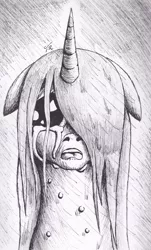 Size: 1460x2413 | Tagged: safe, artist:tunrae, derpibooru import, princess celestia, pony, black and white, crying, depressed, floppy ears, grayscale, monochrome, rain, sad, solo, traditional art, wet, wet mane