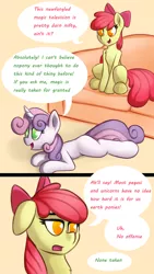 Size: 2160x3840 | Tagged: safe, artist:anon_1515, derpibooru import, apple bloom, sweetie belle, earth pony, pony, unicorn, comic:applesauce, blank flank, bow, colored pupils, comic, couch, dialogue, ear fluff, female, filly, floppy ears, foal, hair bow, hooves, horn, lying down, open mouth, prone, sitting