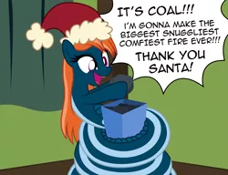 Size: 3033x2334 | Tagged: safe, artist:badumsquish, derpibooru import, oc, oc:kalianne, unofficial characters only, lamia, original species, box, christmas, coal, coils, cute, dialogue, excited, fangs, female, happy, hat, holiday, hoof hold, looking at something, monster mare, open mouth, present, santa hat, show accurate, smiling, solo, subversion, tongue out