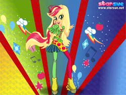 Size: 800x600 | Tagged: safe, artist:user15432, derpibooru import, applejack, equestria girls, rainbow rocks, boots, bracelet, clothes, dressup, hat, high heel boots, high heels, jewelry, leggings, multicolored hair, ponied up, pony ears, rainbow hair, red hat, rock and roll, rock star, shoes, starsue