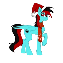 Size: 2300x2300 | Tagged: safe, artist:daytona, derpibooru import, oc, oc:daytona, unofficial characters only, pegasus, pony, 2019 community collab, derpibooru community collaboration, black and red mane, christmas, clothes, female, half-breed, hat, holiday, mare, raised hoof, santa hat, scarf, simple background, solo, transparent background