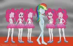 Size: 1115x716 | Tagged: questionable, artist:phantomshadow051, derpibooru import, pinkie pie, rainbow dash, human, equestria girls, equestria girls series, belly button, breasts, clothed female nude female, covering, covering crotch, delicious flat chest, embarrassed, embarrassed nude exposure, exhibitionism, eyes closed, female, gritted teeth, humiliation, multeity, nightmare, nudity, one of these things is not like the others, open mouth, pinkie nightare nudes, public humiliation, public nudity, rainbow flat, small breasts