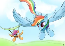 Size: 1600x1130 | Tagged: safe, artist:vladislav_180, derpibooru import, rainbow dash, scootaloo, pegasus, pony, cloud, female, filly, goggles, hang glider, hang gliding, happy, mare, open mouth, sky, smiling, wings