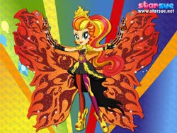 Size: 800x600 | Tagged: safe, artist:user15432, derpibooru import, sunset shimmer, human, equestria girls, rainbow rocks, clothes, dressup, fingerless gloves, gloves, high heels, humanized, leggings, multicolored hair, phoenix wings, ponied up, pony ears, rainbow hair, rock and roll, rock star, shoes, starsue, winged humanization, wings