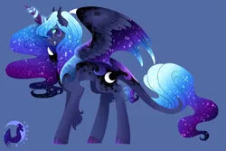 Size: 2151x1440 | Tagged: safe, artist:djspark3, derpibooru import, princess luna, alicorn, hybrid, kirin, winged kirin, bat wings, blue background, cloven hooves, colored hooves, cutie mark, dappled, ethereal mane, ethereal wings, fangs, female, glowing horn, hoof fingers, horn, hybrid wings, kirinified, leonine tail, scales, simple background, slit eyes, species swap, starry mane, starry wings, wings