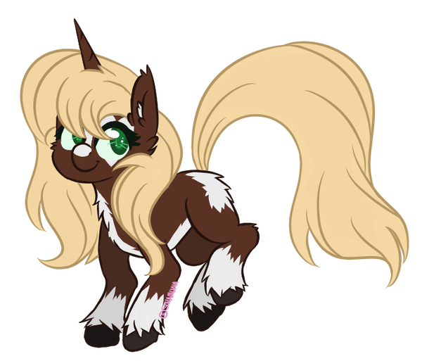 Size: 600x513 | Tagged: safe, artist:ghostklok, artist:sinamuna, derpibooru import, oc, oc:sweetheart, unofficial characters only, pony, unicorn, blonde hair, brown fur, female, green eyes, hooves, ponysona, smiling, solo, unobtrusive watermark, white markings