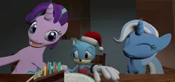 Size: 1024x480 | Tagged: 3d, artist:nikolas178, christmas, crossover, derpibooru import, holiday, non-mlp oc, oc, oc:niko the hedgehog, safe, sonic the hedgehog (series), starlight glimmer, trixie