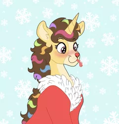 Size: 741x768 | Tagged: safe, artist:pastel-charms, derpibooru import, oc, oc:pastel charms, deer, deer pony, original species, pony, female, snow, snowflake, solo, species swap, tongue out