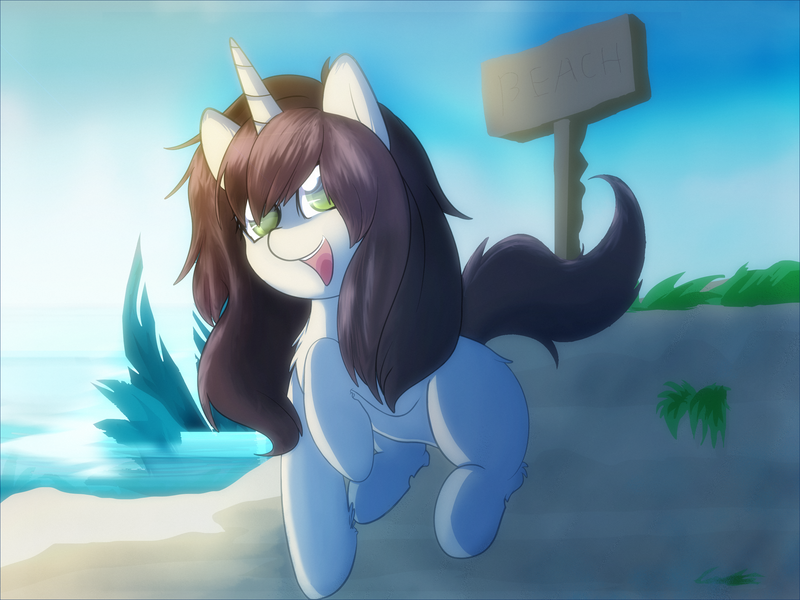 Size: 2732x2048 | Tagged: safe, artist:thebetrayedphoenix, artist:therebelphoenix, derpibooru import, oc, oc:cinnamon fawn, unofficial characters only, pony, unicorn, beach, brown hair, female, green eyes, ponysona, shading, sitting, solo