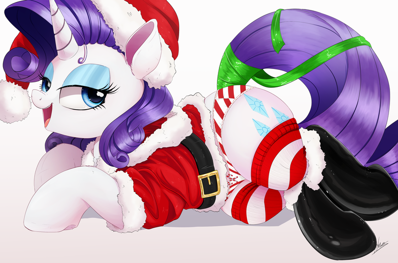 Size: 2000x1325 | Tagged: suggestive, artist:raps, derpibooru import, rarity, pony, unicorn, boots, christmas, clothes, costume, female, hat, holiday, kneesocks, mare, panties, santa costume, santa hat, shoes, socks, solo, solo female, striped socks, striped underwear, underwear