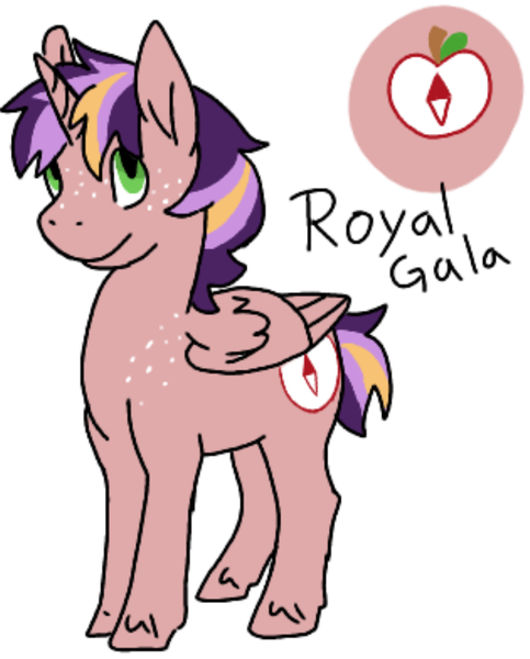 Size: 720x895 | Tagged: alicorn, alicorn oc, artist:tinyclydesdale, derpibooru import, freckles, horn, oc, oc:royal gala, offspring, parent:big macintosh, parents:twimac, parent:twilight sparkle, safe, simple background, solo, white background, wings