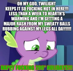 Size: 478x463 | Tagged: 28 pranks later, balls, caption, derpibooru import, edit, edited screencap, excessive exclamation marks, hearth's warming, hearth's warming eve, hot, image macro, implied twilight sparkle, nudity, screencap, spike, suggestive, sweat, sweaty balls, text