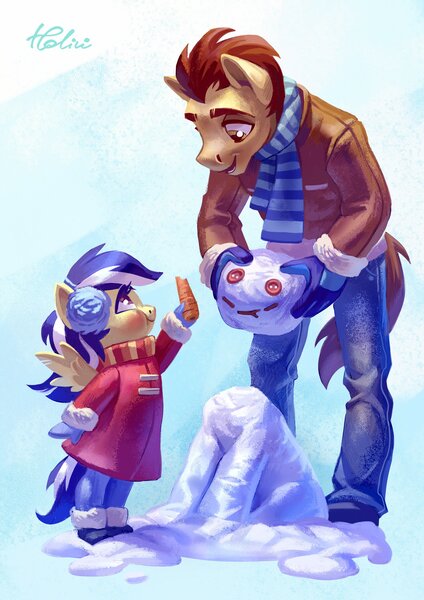 Size: 2894x4093 | Tagged: safe, artist:holivi, derpibooru import, oc, unofficial characters only, anthro, pegasus, anthro oc, carrot, clothes, coat, cute, female, food, image, jpeg, looking at each other, male, snow, snowman, snowpony