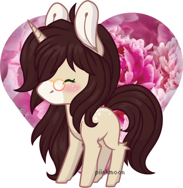 Size: 680x699 | Tagged: safe, artist:piinkmoon, derpibooru import, oc, oc:cinnamon fawn, unofficial characters only, pony, unicorn, blushing, brown hair, chibi, female, floral print, freckles, glasses, ponysona, solo, spots, unobtrusive watermark