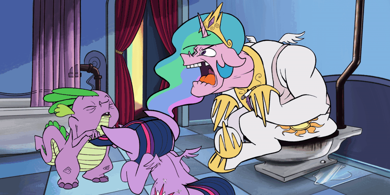 Size: 3000x1500 | Tagged: safe, artist:anontheanon, derpibooru import, princess celestia, spike, twilight sparkle, twilight sparkle (alicorn), ponified, alicorn, pony, animated, bathroom, bathtub, bipedal, but why, cigarette, clothes, constipated, eyes closed, faic, floppy ears, frame by frame, gap teeth, gif, glare, hoof hold, image, implied pooping, john kricfalusi, open mouth, poop, ren and stimpy, ren and stimpy adult party cartoon, saliva puddle, screaming, shitposting, sitting, tanktop, toilet, tongue out, twitching, uvula, wat, why, wide eyes, windswept mane, youtube link in the description