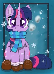 Size: 1375x1875 | Tagged: safe, artist:bigshot232, derpibooru import, twilight sparkle, twilight sparkle (alicorn), alicorn, pony, booties, boots, both cutie marks, breath, cheek fluff, clothes, cold, cute, ear fluff, female, looking at you, mare, scarf, shoes, simple background, sitting, smiling, snow, snowfall, twiabetes