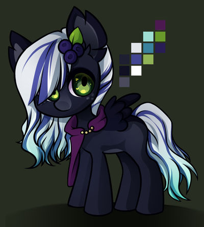 Size: 400x446 | Tagged: safe, artist:miioko, derpibooru import, oc, oc:blackberry current, unofficial characters only, pegasus, pony, adopted, adopted oc, berries, black fur, chibi, female, freckles, green eyes, purple hair, solo, white hair