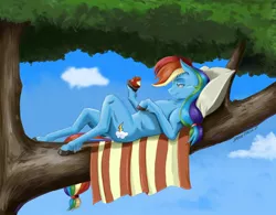 Size: 1400x1094 | Tagged: safe, artist:baron engel, derpibooru import, applejack, rainbow dash, earth pony, semi-anthro, anatomically incorrect, apple, female, food, incorrect leg anatomy, lying down, mare, missing accessory, on back, palette swap, pillow, recolor, smiling, solo, tree, tree branch