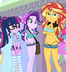 Size: 917x1002 | Tagged: suggestive, derpibooru import, edit, edited screencap, editor:mlp-gft, screencap, pinkie pie, rarity, sci-twi, starlight glimmer, sunset shimmer, twilight sparkle, equestria girls, mirror magic, spoiler:eqg specials, beanie, belly button, big breasts, bimbo, bimbo edit, bimbo glimmer, bimbo shimmer, bimbo sparkle, breast edit, breasts, busty sci-twi, busty starlight glimmer, busty sunset shimmer, cleavage, clothes, erect nipples, female, geode of empathy, geode of telekinesis, hat, hot pants, legs, magical geodes, midriff, nipple outline, panties, ponytail, skimpy outfit, socks, striped socks, thigh highs, thong, trio, trio female, underboob, underwear