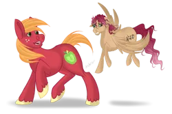 Size: 1280x854 | Tagged: safe, artist:chakraxx, derpibooru import, big macintosh, oc, oc:melody shy, earth pony, pony, duo, father and child, father and daughter, female, filly, flying, flying lesson, freckles, male, missing accessory, offspring, parent:big macintosh, parent:fluttershy, parents:fluttermac, simple background, stallion, transparent background, unshorn fetlocks