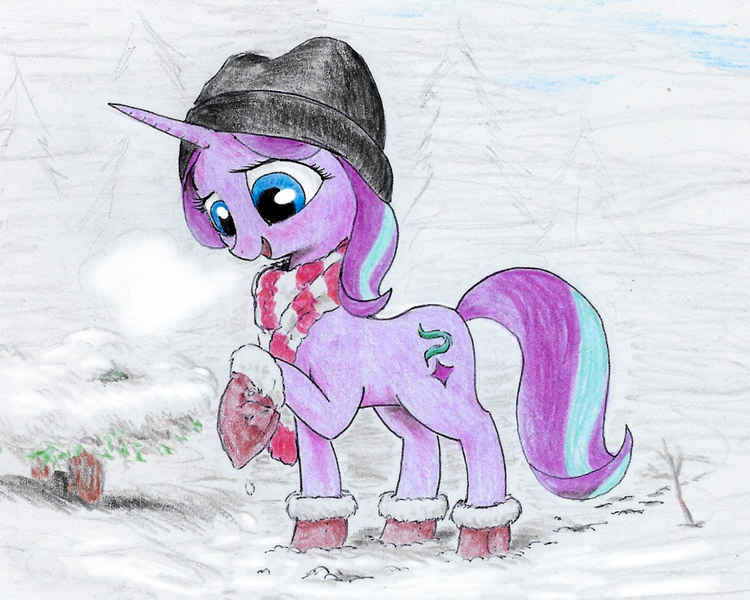 Size: 1071x857 | Tagged: safe, artist:t72b, derpibooru import, starlight glimmer, pony, unicorn, alternate hairstyle, boots, clothes, fog, hat, scarf, shoes, snow, solo, traditional art