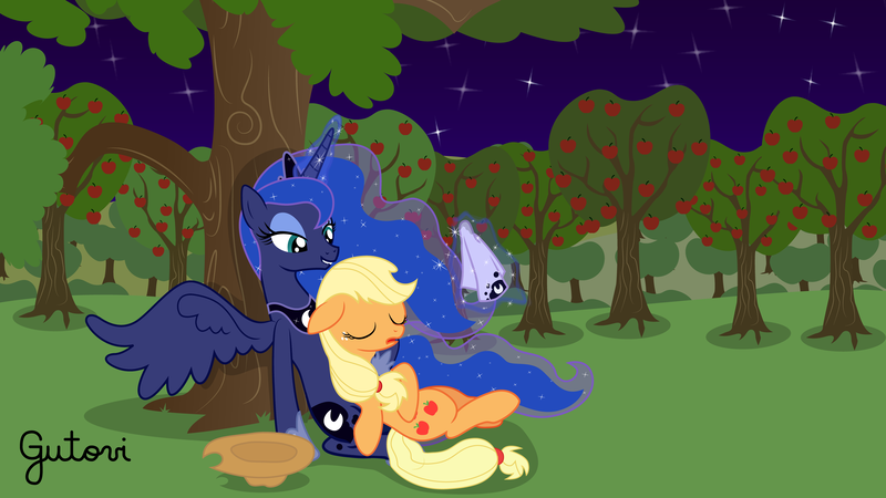 Size: 5692x3201 | Tagged: suggestive, artist:gutovi, derpibooru import, applejack, princess luna, alicorn, earth pony, pony, apple, apple tree, chloroform, female, kidnapped, lesbian, lip bite, lunajack, mare, shipping, show accurate, show accurate porn, tree