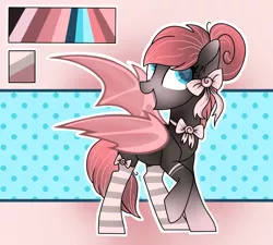 Size: 1500x1350 | Tagged: safe, artist:irennecalder, derpibooru import, oc, oc:dark raspberries, unofficial characters only, bat pony, pony, abstract background, bat pony oc, bat wings, bow, bowtie, clothes, female, freckles, hair bun, mare, open mouth, raised hoof, reference sheet, socks, solo, stockings, striped socks, thigh highs, wings