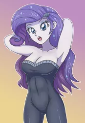 Size: 2033x2913 | Tagged: safe, artist:sumin6301, derpibooru import, rarity, equestria girls, equestria girls series, the other side, armpits, bare shoulders, bodysuit, breasts, busty rarity, cleavage, clothes, female, looking at you, open mouth, simple background, sleeveless, solo, strapless, stupid sexy rarity
