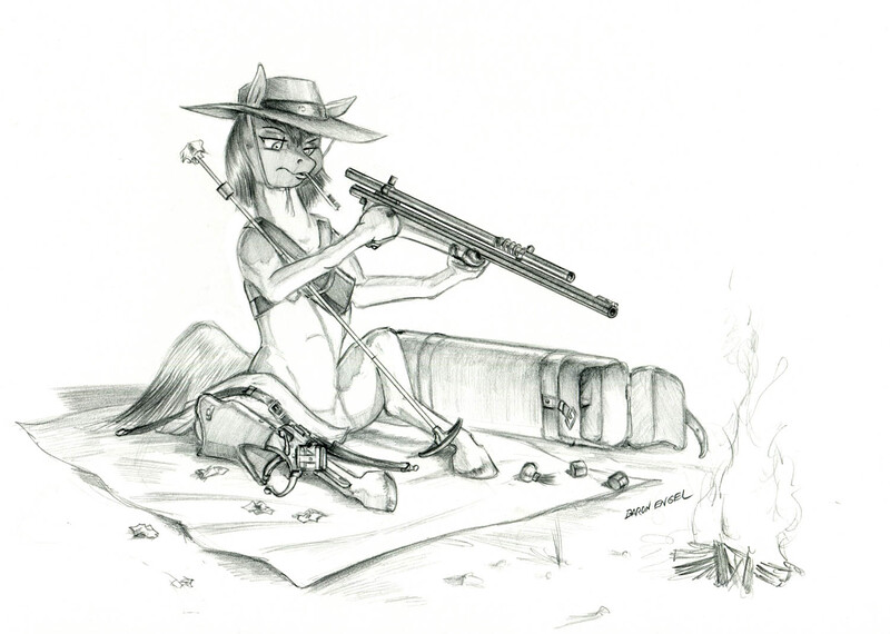 Size: 1500x1068 | Tagged: safe, artist:baron engel, derpibooru import, oc, oc:long shot, unofficial characters only, pony, blanket, female, fire, grayscale, gun, gun barrel, gun cleaning, hat, hoof hold, mare, monochrome, pencil drawing, scope, simple background, solo, story included, traditional art, weapon, white background