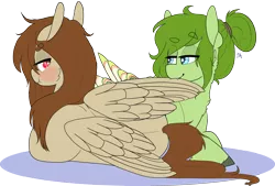 Size: 2754x1858 | Tagged: safe, artist:liefsong, derpibooru import, oc, oc:lief, oc:red, unofficial characters only, hippogriff, pegasus, pony, birds doing bird things, blushing, cute, grooming, pouting, preening, scrunchy face