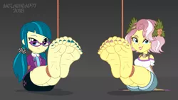 Size: 3999x2249 | Tagged: suggestive, artist:metalhead97, derpibooru import, juniper montage, vignette valencia, equestria girls, barefoot, bedroom eyes, bondage, breasts, busty juniper montage, busty vignette valencia, clothes, feet, female, females only, femsub, fetish, foot fetish, foot focus, glasses, image, junipersub, legs, nail polish, offscreen character, png, pov, rope, rope bondage, shorts, show accurate, skirt, soles, submissive, tied up, toe nails, toes, upskirt, vignettesub