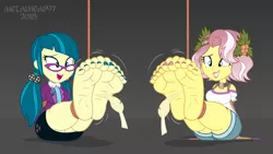 Size: 3999x2249 | Tagged: suggestive, artist:metalhead97, derpibooru import, juniper montage, vignette valencia, equestria girls, barefoot, bondage, breasts, busty juniper montage, busty vignette valencia, clothes, duo, duo female, erotic tickling, feather, feet, female, females only, femsub, fetish, foot fetish, foot focus, glasses, image, junipersub, laughing, legs, nail polish, offscreen character, open mouth, pigtails, png, pov, rope, rope bondage, shorts, show accurate, skirt, soles, submissive, tickle fetish, tickle torture, tickling, tied up, toe nails, toes, vignettesub