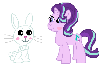 Size: 385x264 | Tagged: angel bunny, artist:drypony198, blushing, derpibooru import, female, interspecies, male, safe, shipping, starbunny, starlight glimmer, straight