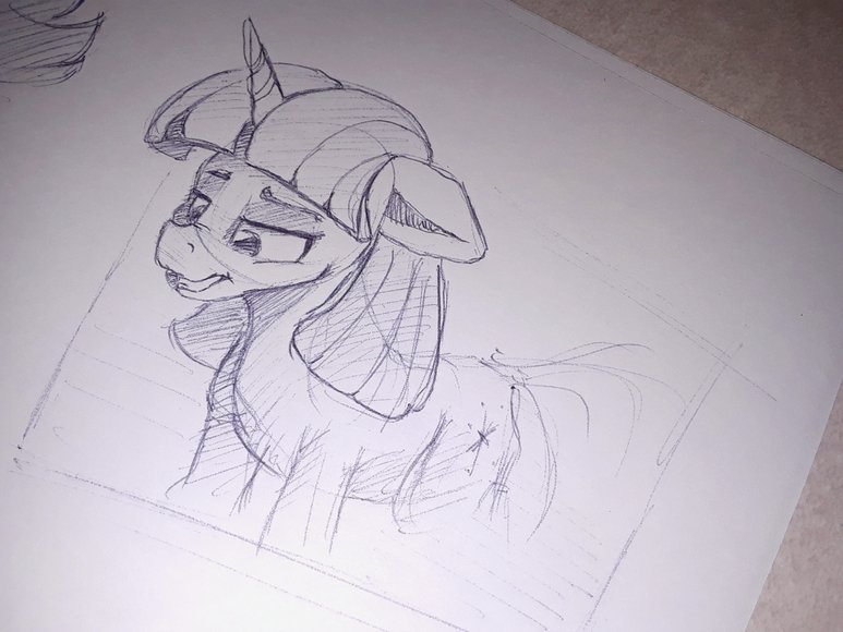 Size: 773x580 | Tagged: safe, artist:post-it, derpibooru import, twilight sparkle, pony, unicorn, female, floppy ears, ink drawing, looking down, mare, monochrome, simple background, sketch, solo, traditional art, unicorn twilight, white background