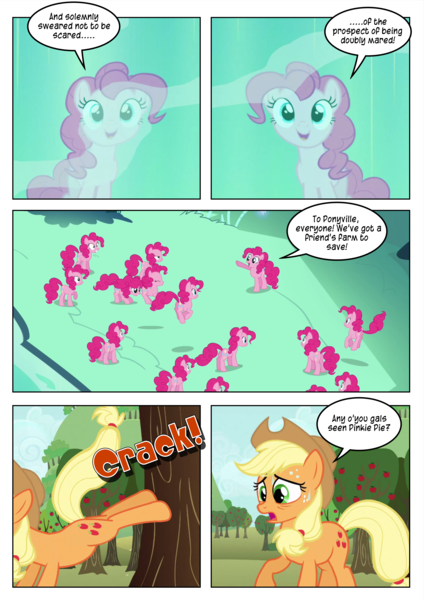 Size: 4959x7017 | Tagged: safe, artist:purplewonderpower, derpibooru import, edit, edited screencap, screencap, applejack, pinkie pie, the super speedy cider squeezy 6000, too many pinkie pies, absurd resolution, alternate scenario, apple, applebucking, apple tree, cave, cave pool, clone, clones, comic, food, mirror pool, multeity, pinkie clone, sweat, too much pink energy is dangerous, tree