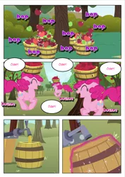 Size: 4959x7017 | Tagged: safe, artist:purplewonderpower, derpibooru import, edit, edited screencap, screencap, pinkie pie, the super speedy cider squeezy 6000, absurd resolution, apple, apple tree, bucket, cider, clone, clones, comic, food, fun fun fun, head carry, implied twilight sparkle, multeity, pinkie clone, screencap comic, too much pink energy is dangerous, tree