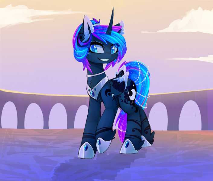 Size: 2480x2111 | Tagged: safe, artist:magnaluna, derpibooru import, princess luna, alicorn, crystal pony, pony, alternate hairstyle, body markings, chest fluff, collar, colored pupils, colored wings, colored wingtips, crystallized, curved horn, ear fluff, ethereal mane, female, galaxy mane, grin, horn, leg fluff, mare, neck fluff, raised hoof, short hair, smiling, solo, wings